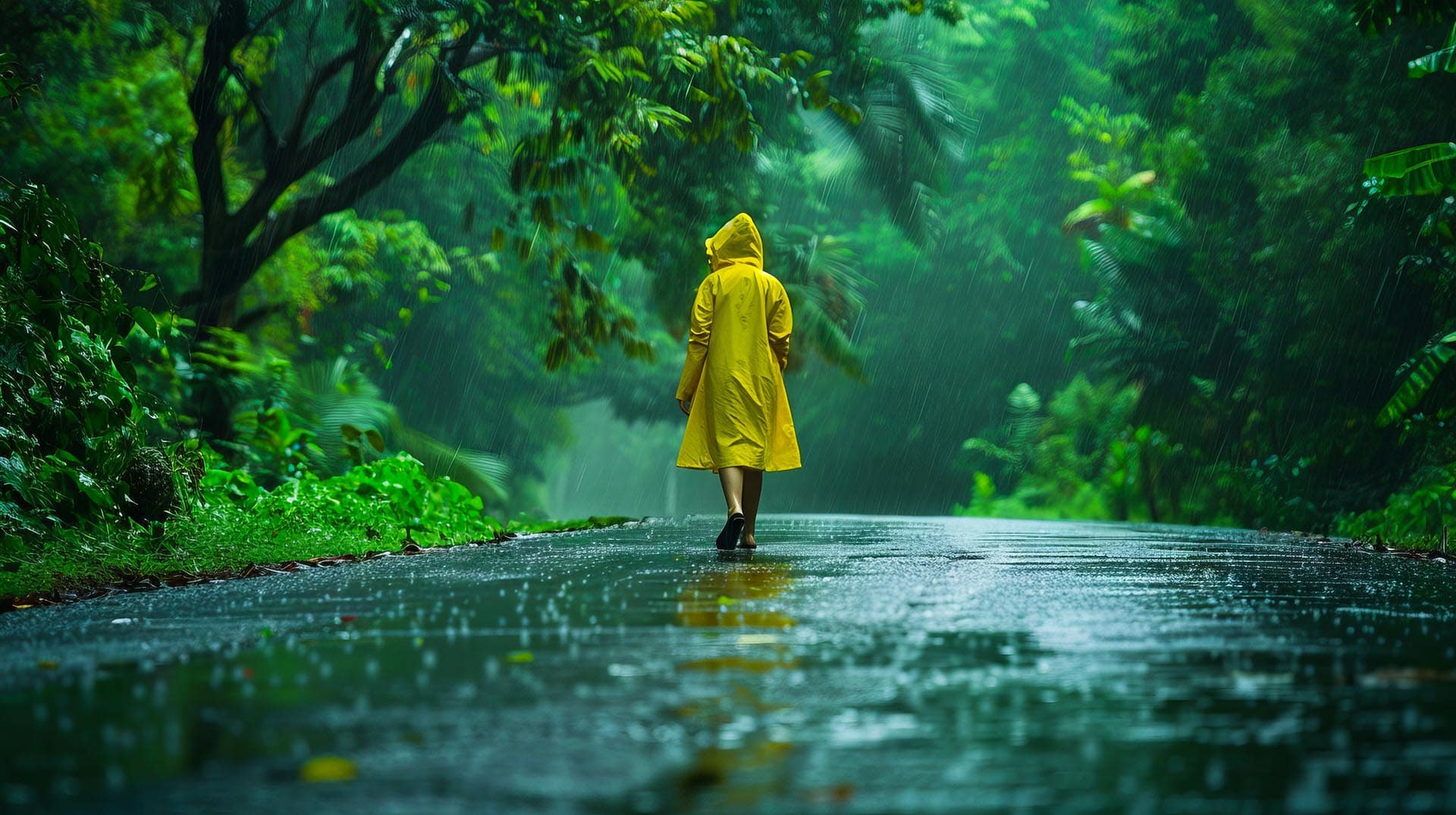 A person in yellow raincoat walking down a road