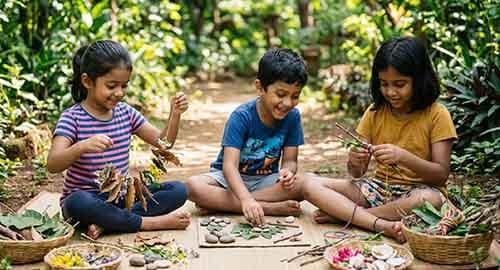 Painting, leaf printing, and clay activities